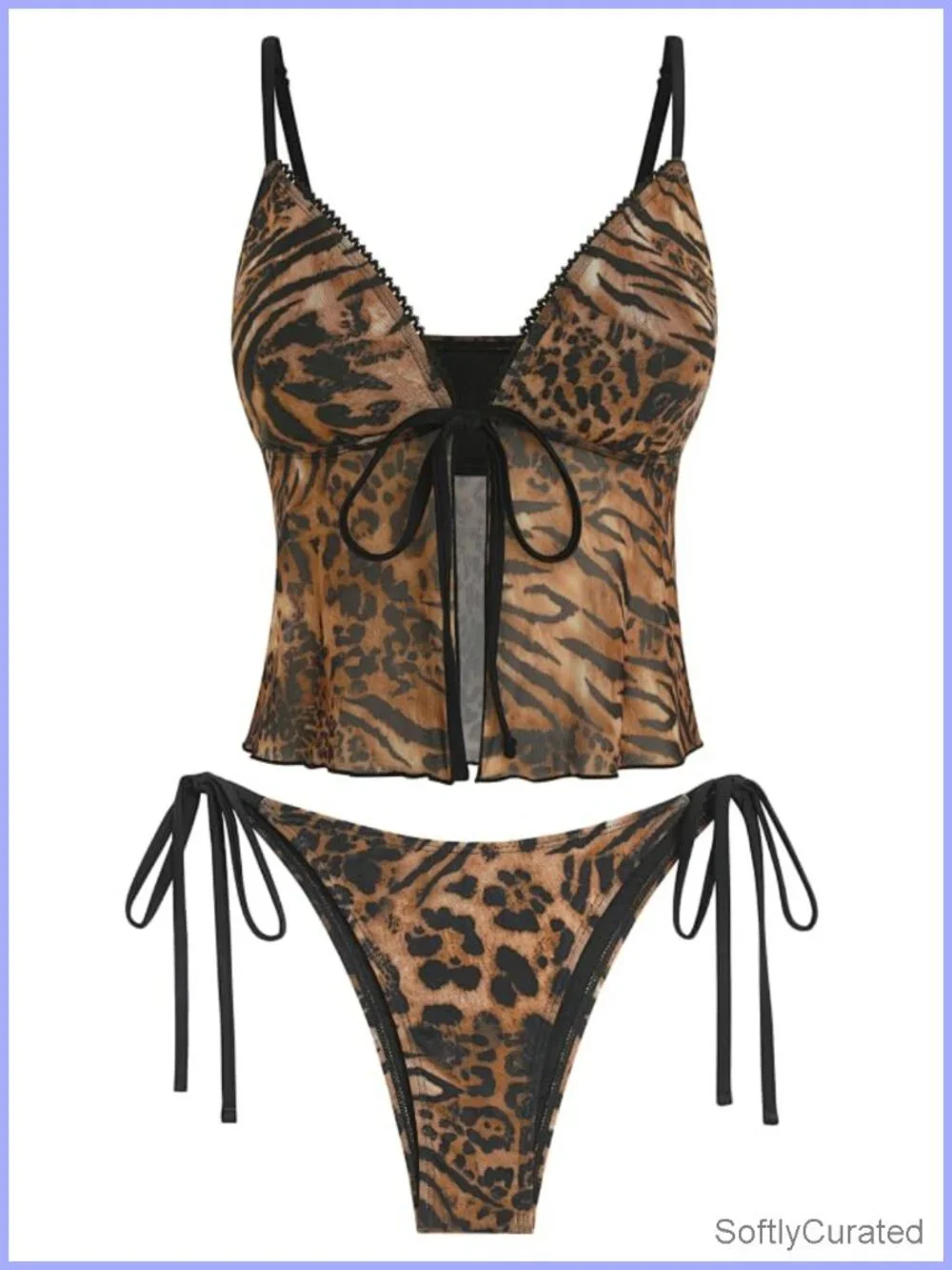 Lace Trim Tie Front High Cut Tankini Set with Removable Pads